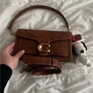 Coach Tan Leather Shoulder Bag with Snoopy Sketches
